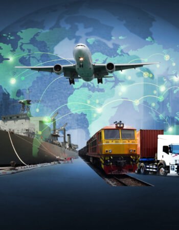 The world logistics , there are world map with logistic network distribution on background and Logistics Industrial Container Cargo freight ship for Concept of fast or instant shipping